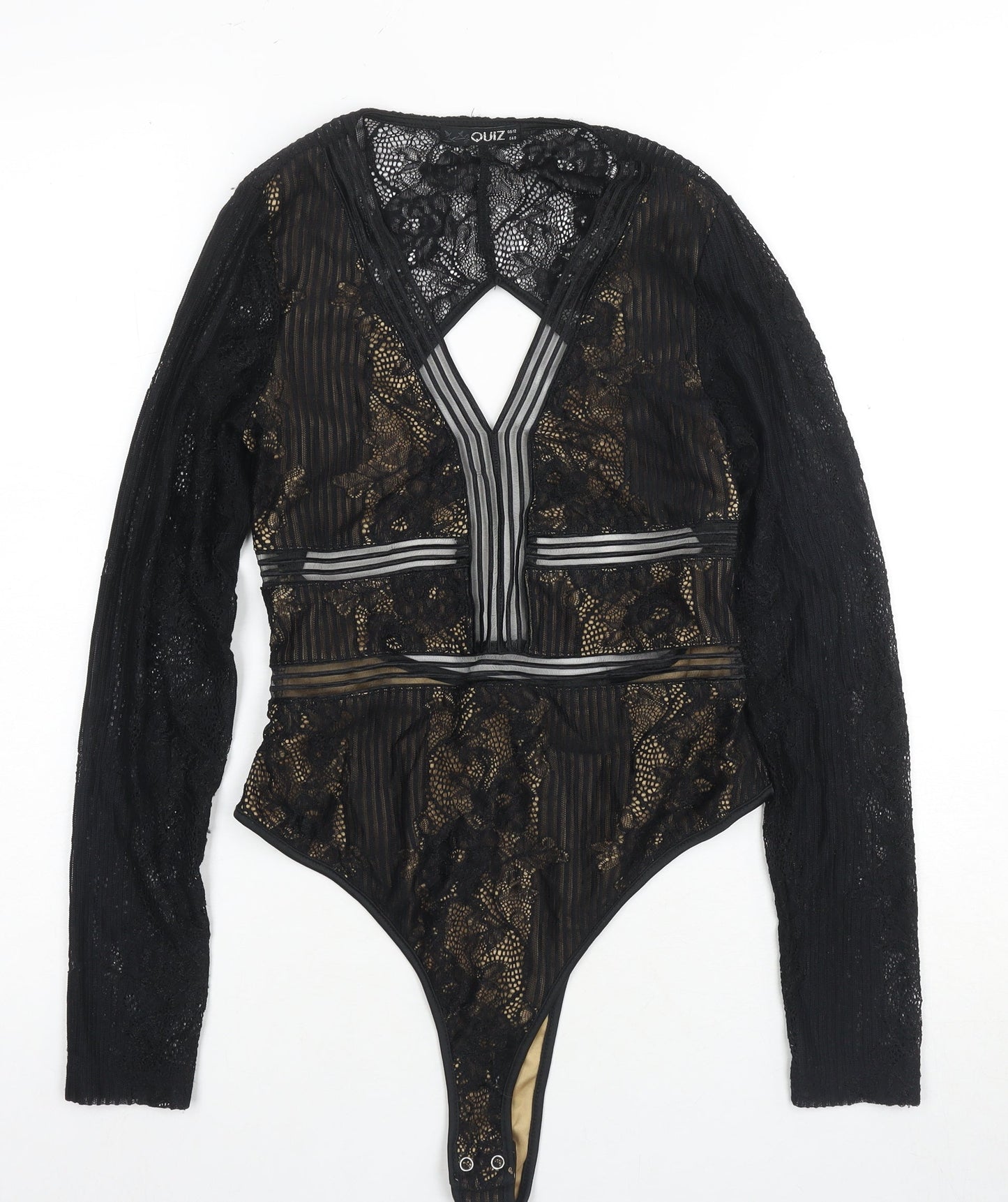 Quiz Women's Black Lace Bodysuit Size 12 Stretch, Open Back