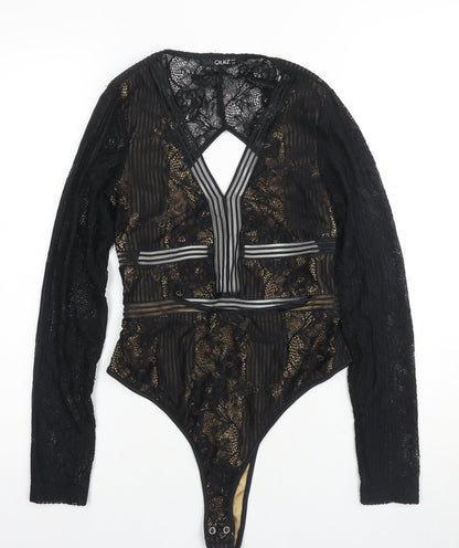 Quiz Women's Black Lace Bodysuit Size 12 Stretch, Open Back