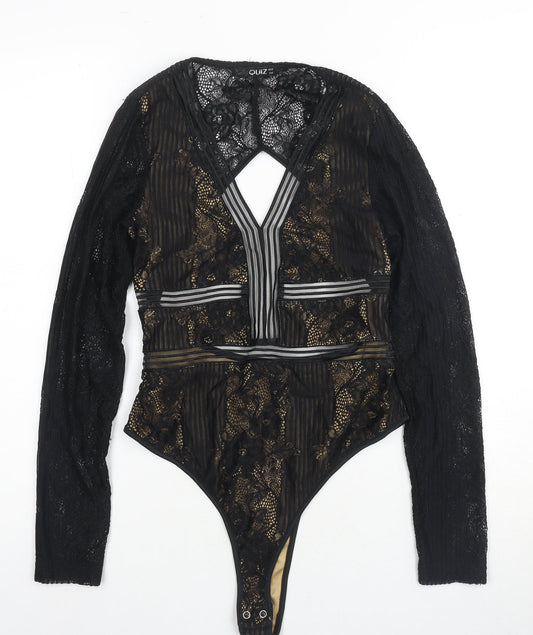 Quiz Women's Black Lace Bodysuit Size 12 Stretch, Open Back