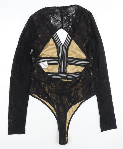 Quiz Women's Black Lace Bodysuit Size 12 Stretch, Open Back