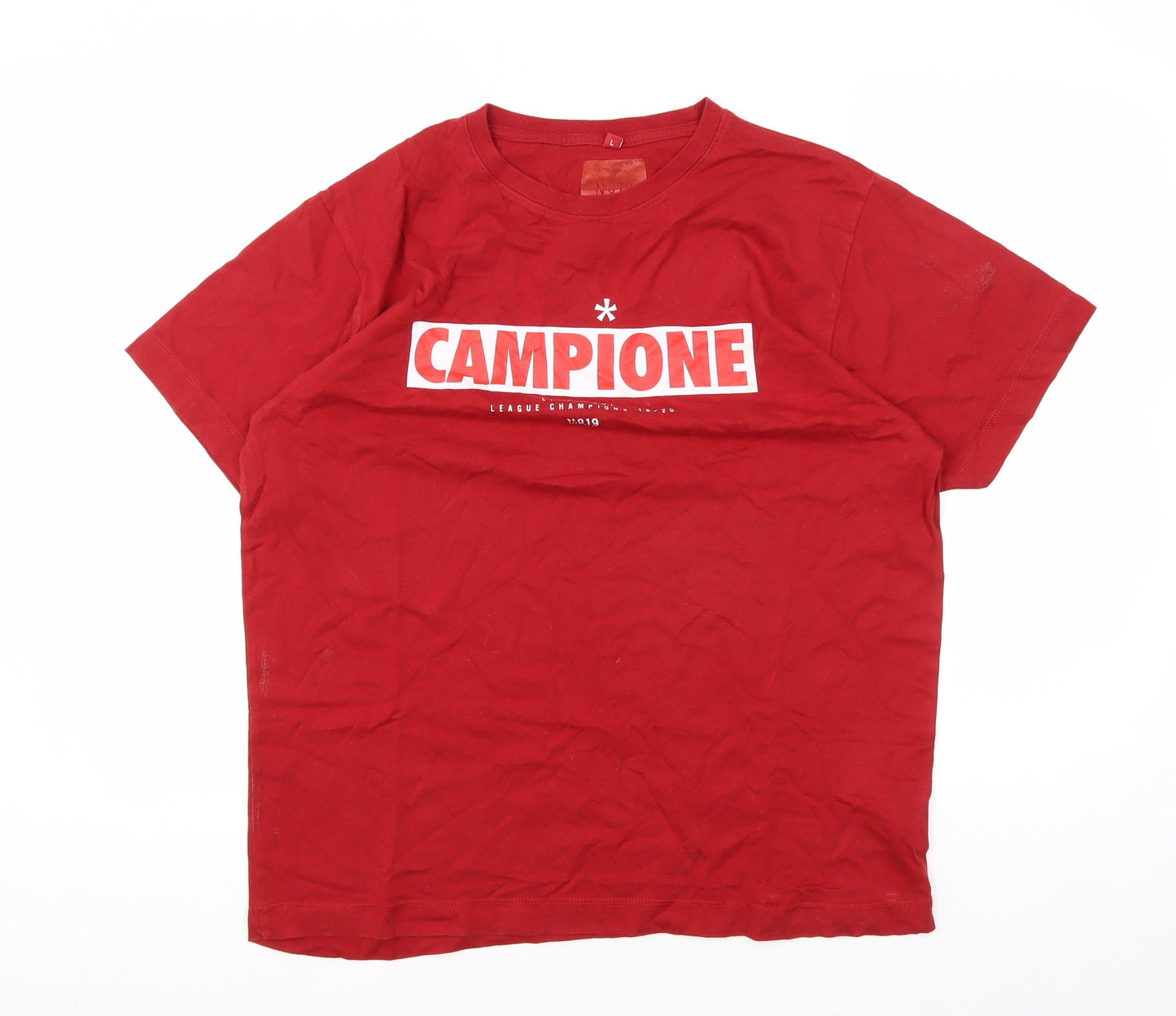 Men's Red Cotton Graphic Print T-Shirt, Size L, Crew Neck