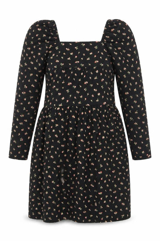 Front view of ASOS DESIGN Women's Black Floral A-Line Puff Sleeve Dress