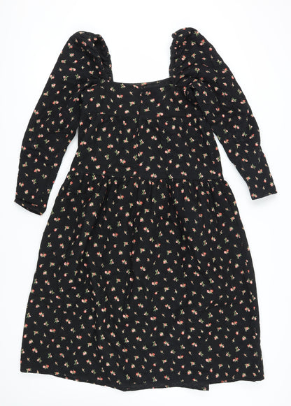 ASOS DESIGN Women's Black Floral A-Line Puff Sleeve Dress