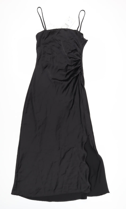 Zara Women's Black Slip Dress S - Elegant Midi Cocktail