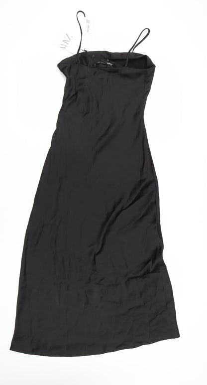 Zara Women's Black Slip Dress S - Elegant Midi Cocktail