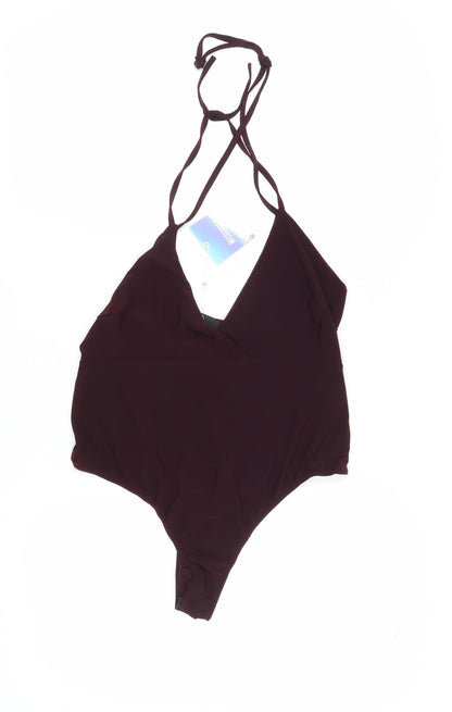 Missguided Women Brown Bodysuit, Size 16, V-Neck Party Wear