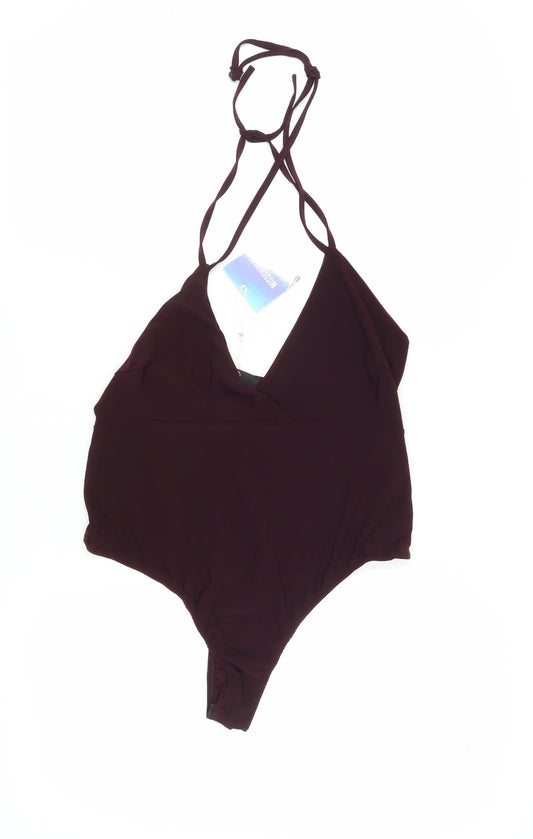 Missguided Women Brown Bodysuit, Size 16, V-Neck Party Wear