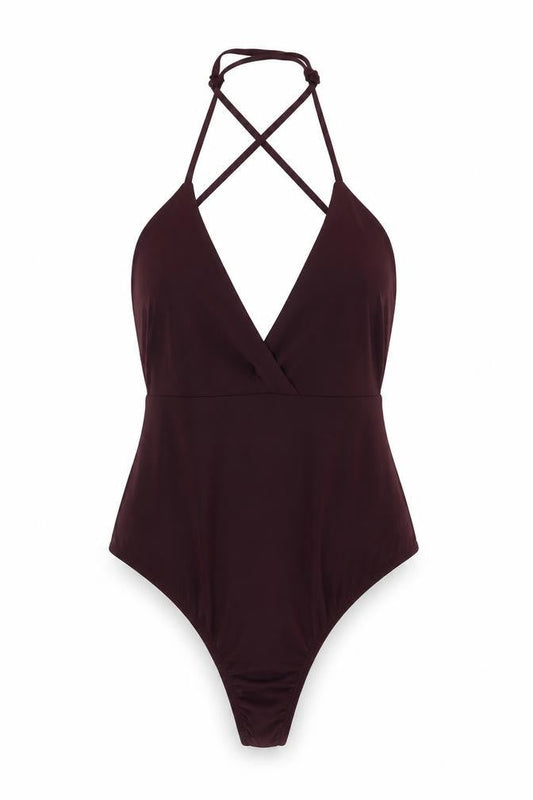 Front view of Missguided Women Brown Bodysuit, size 16, V-Neck Party Wear