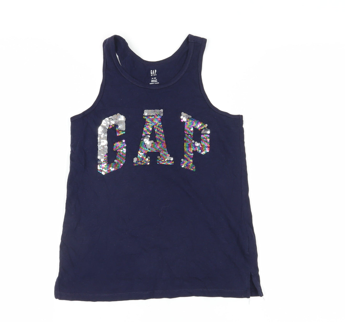 GAP Girls Blue Sequin Logo Tank Top, 12 Years, Cotton