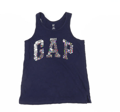GAP Girls Blue Sequin Logo Tank Top, 12 Years, Cotton