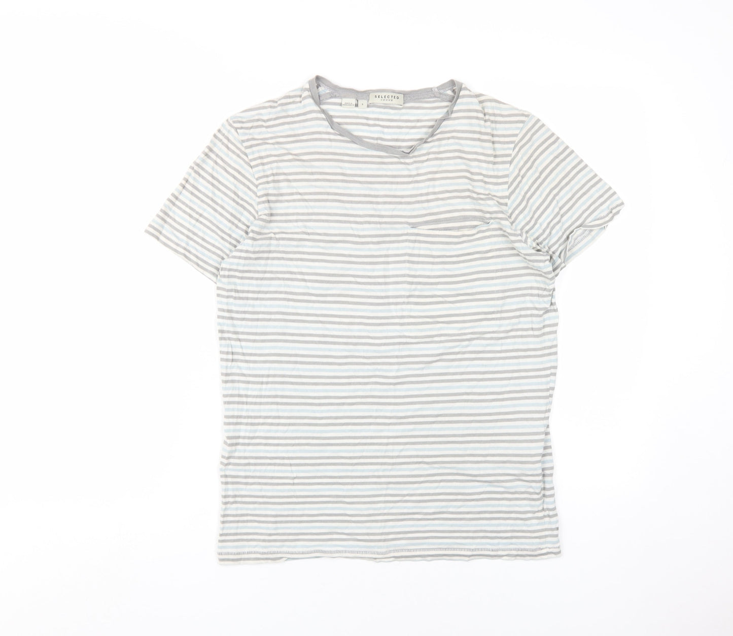 Selected Homme Men's Grey Striped Crew Neck T-Shirt S