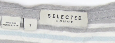 Selected Homme Men's Grey Striped Crew Neck T-Shirt S