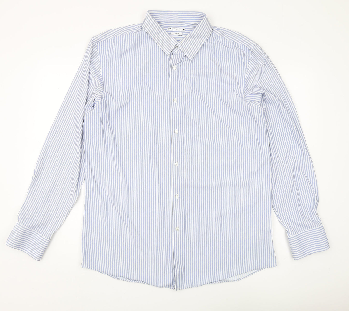 Zara Men's XL Blue Striped Slim Fit Button-Up Shirt