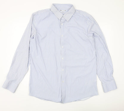 Zara Men's XL Blue Striped Slim Fit Button-Up Shirt