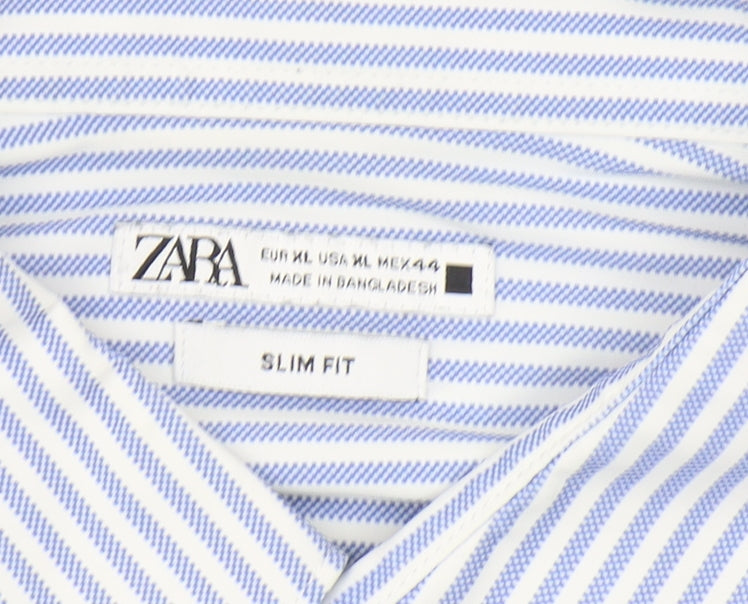 Zara Men's XL Blue Striped Slim Fit Button-Up Shirt