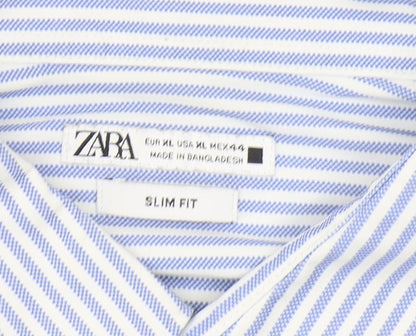 Zara Men's XL Blue Striped Slim Fit Button-Up Shirt