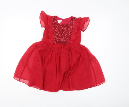 Monsoon Girls Red A-Line Party Dress 18-24M, Sequin & Ruffle Detail