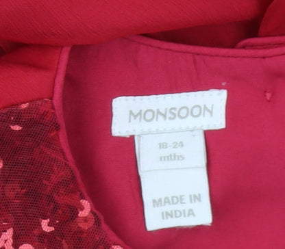 Monsoon Girls Red A-Line Party Dress 18-24M, Sequin & Ruffle Detail