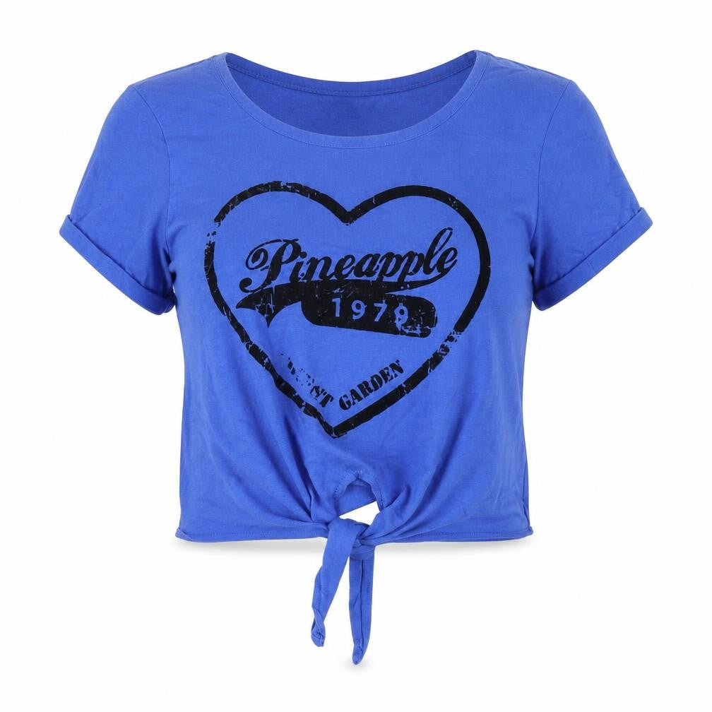 Womens UK Size L Pineapple Blue Cropped T-Shirt
