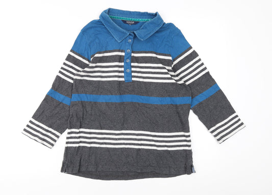 Maine Women's Blue Polo, Size 16, Striped, Long Sleeve
