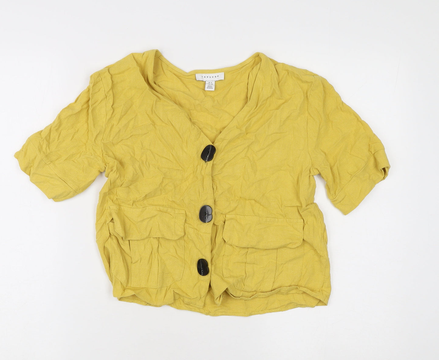 Topshop Women’s Yellow V-Neck Casual Button Shirt Size 8
