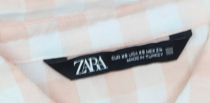 Zara Women's Pink Button-Up Shirt, Size 4, Check Pattern