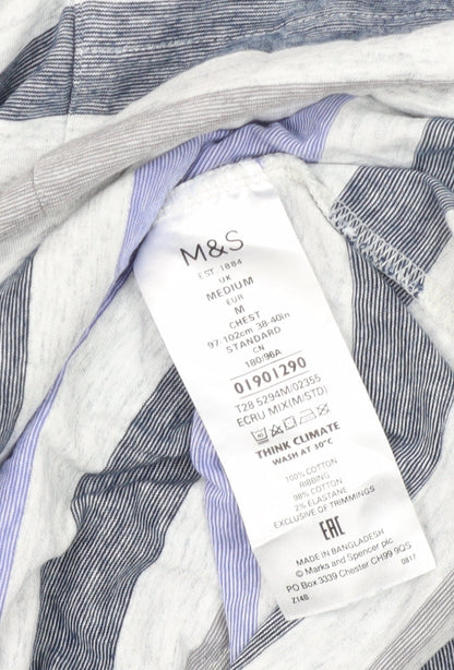 Marks and Spencer Men's Grey Striped T-Shirt M