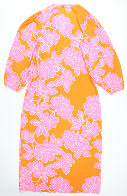 boohoo Women's Orange Floral Midi Dress Size 12