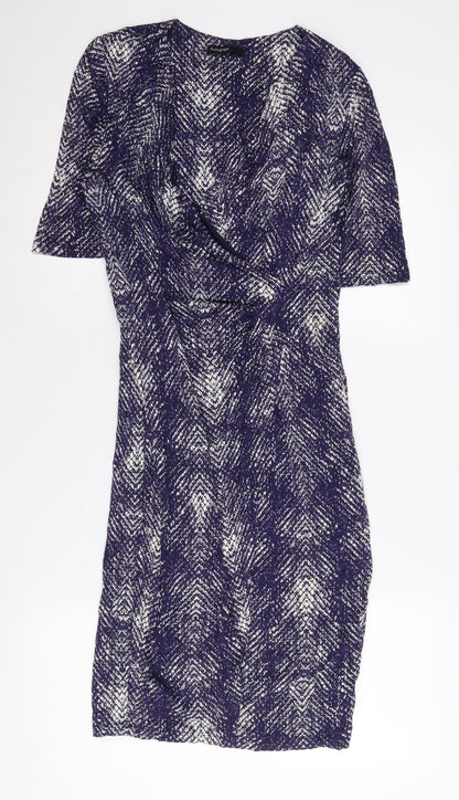 Marks and Spencer Women’s Blue Geometric V-Neck Sheath Dress