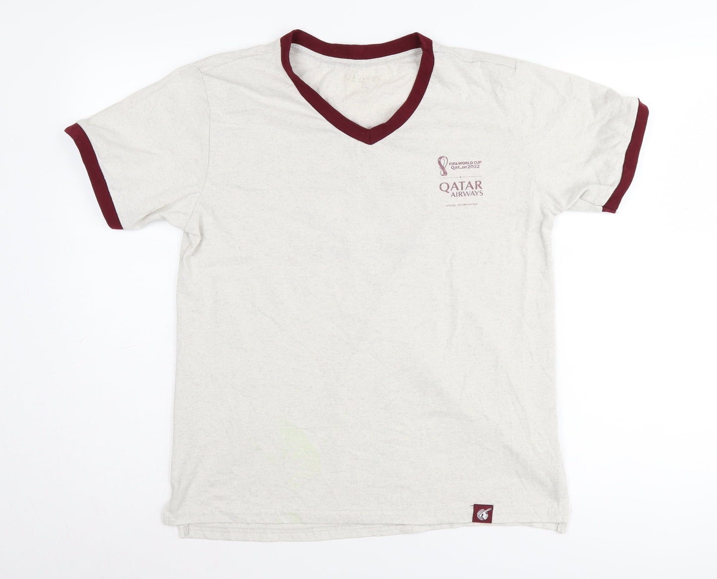 Qatar Airways Men Beige V-Neck Sports T-Shirt Size S