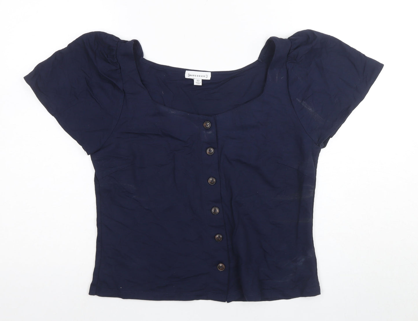 Warehouse Women's Blue Button-Up Square Neck Top