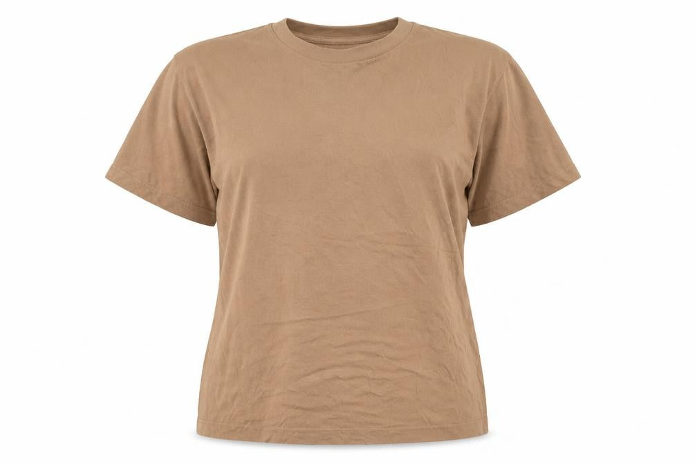 Front view of Collusion unisex brown t-shirt, size 16, crew neck