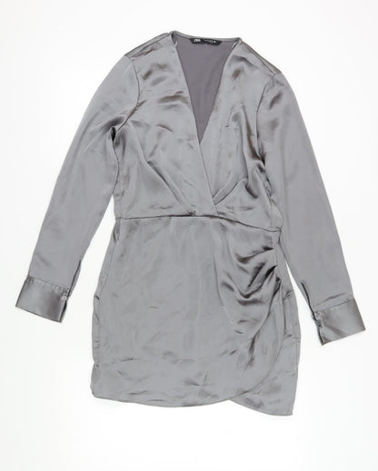 Zara Women's Grey Wrap Dress, L, Casual V-Neck Style