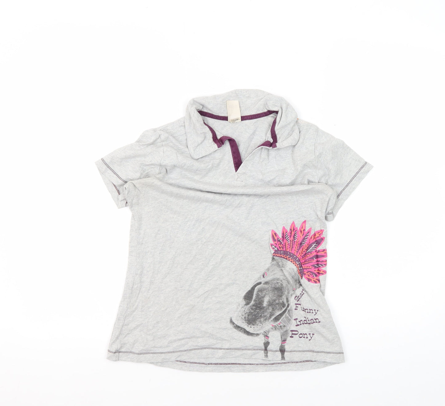 Decathlon Girls Grey Polo Shirt Graphic Print 14 Years