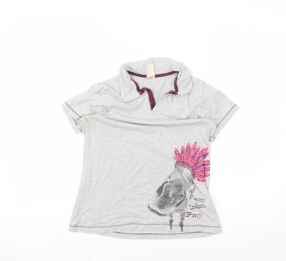 Decathlon Girls Grey Polo Shirt Graphic Print 14 Years