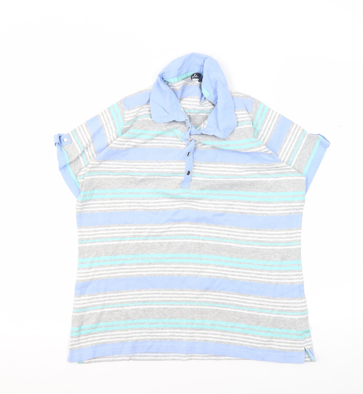 Isle Women's Blue Striped Polo L Short Sleeve Top