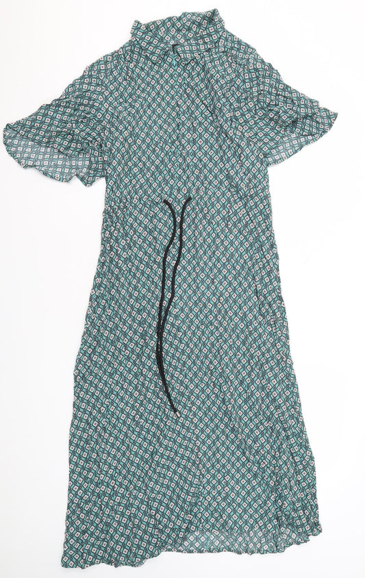 Next Women's Green Wrap Dress Size 14 with Flutter Sleeves