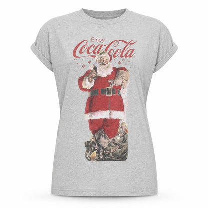 Front view of Coca-Cola Grey Graphic T-Shirt Santa Print unisex r