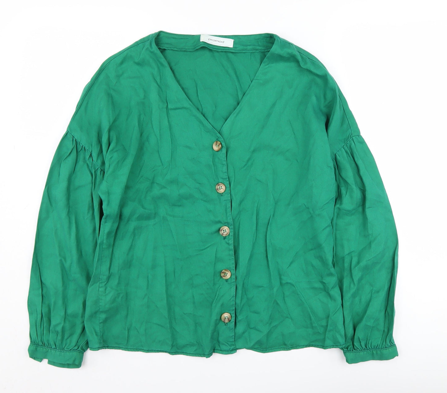 Promod Women's Green Button-Up V-Neck Top - Size 10
