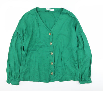 Promod Women's Green Button-Up V-Neck Top - Size 10