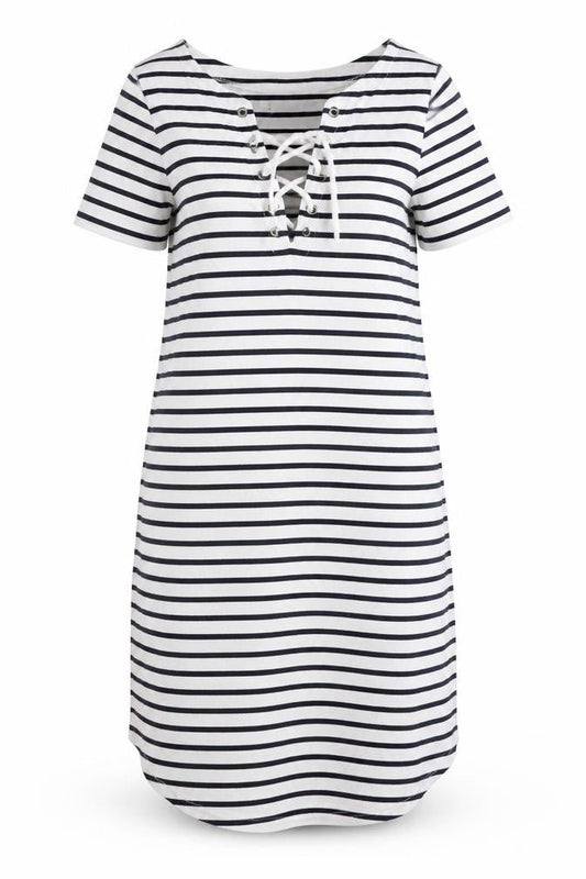 Front view of L.O.G.G. Women's White Striped XS T-Shirt Dress