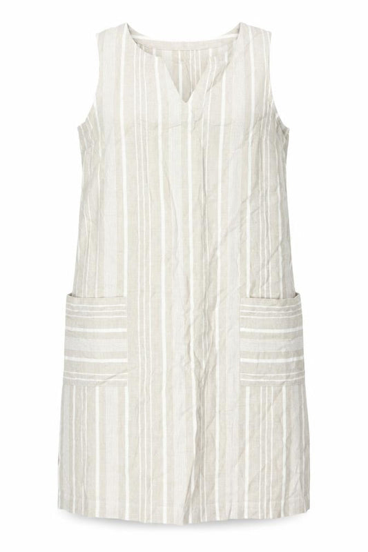 Front view of Maine New England Women's Beige Striped Sleeveless Dress UK 12