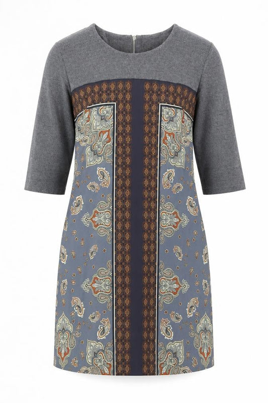Derhy Womens Grey Paisley 3/4 Sleeve Shift Dress Size L