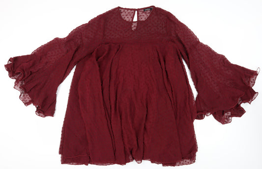 Boohoo Women's Red Midi Trapeze Dress, UK Size 14, Ruffle Accent