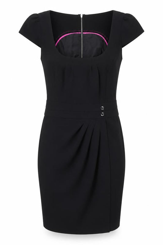 Front view of E-vie Women's Black Sheath Dress, size 12, Cap Sleeve