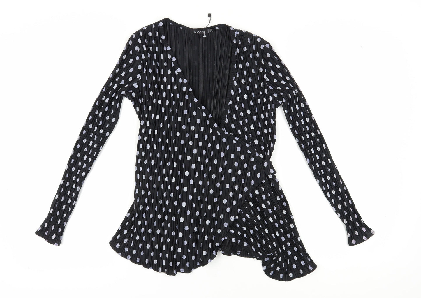 Boohoo Women's Black Wrap Blouse, Size 8, Polka Dot