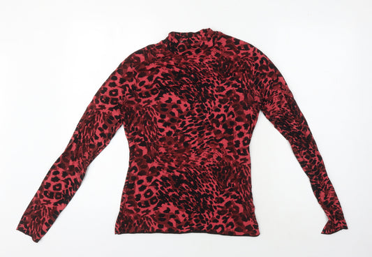 AllSaints Women's Red Animal Print Mock Neck Top