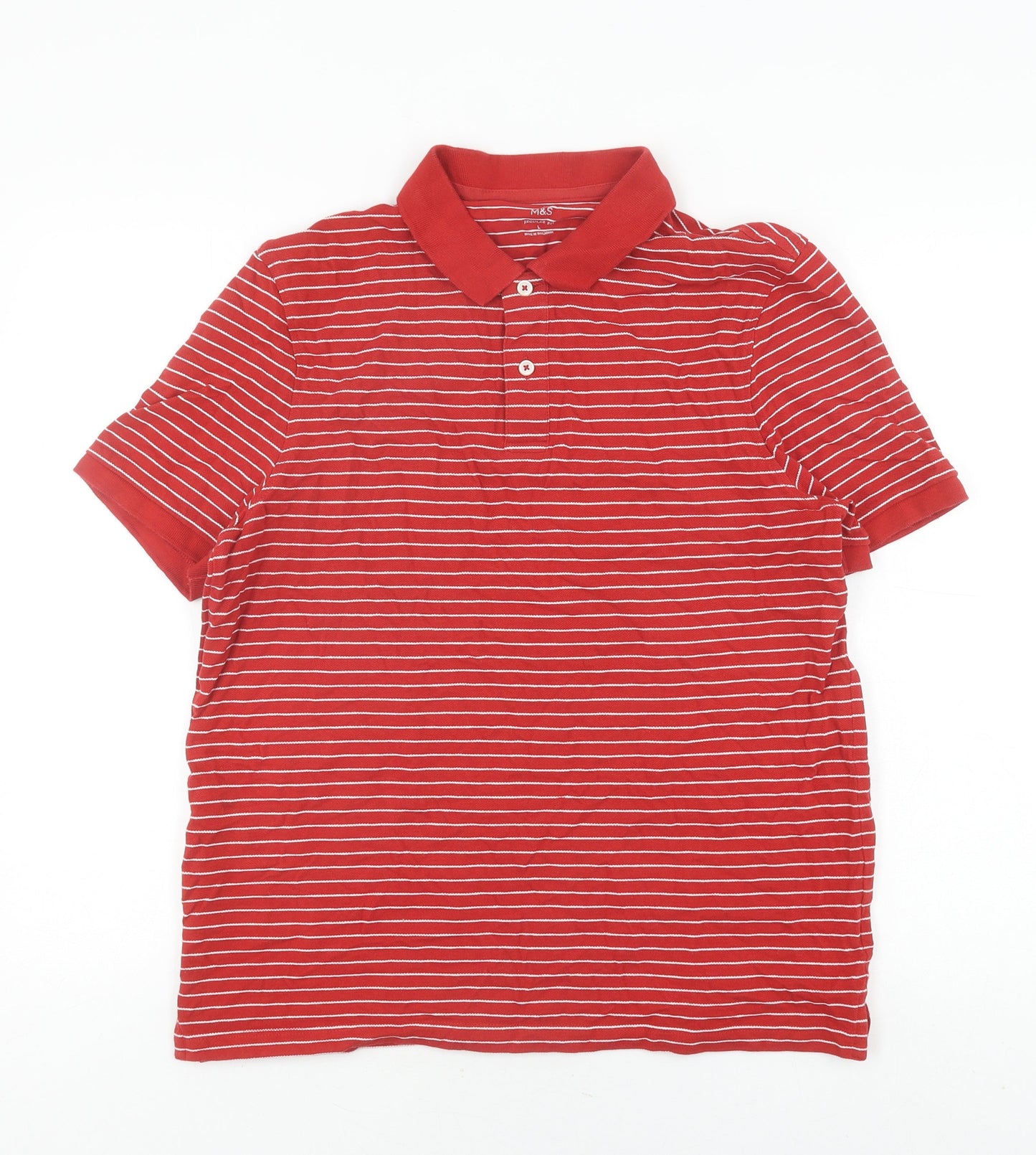 Marks and Spencer Men's Red Striped Polo Shirt L