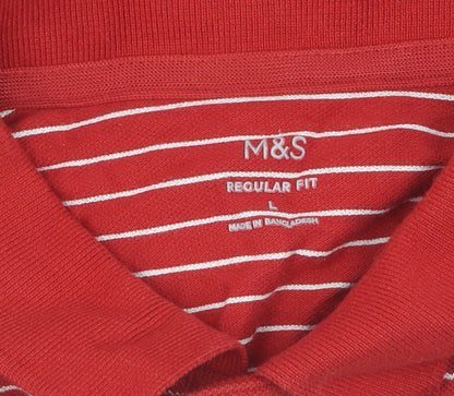 Marks and Spencer Men's Red Striped Polo Shirt L
