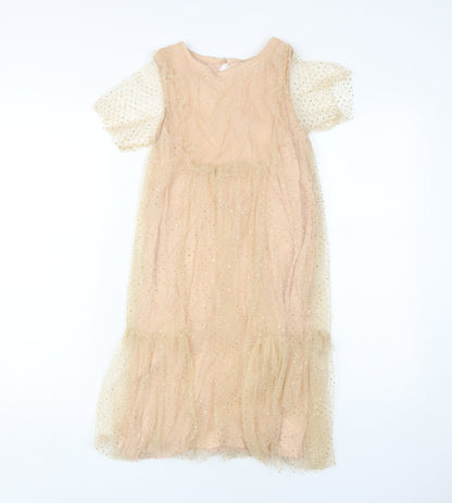 Zara Kids Beige Midi A-Line Party Dress, Age 11-12, Sparkling Delight